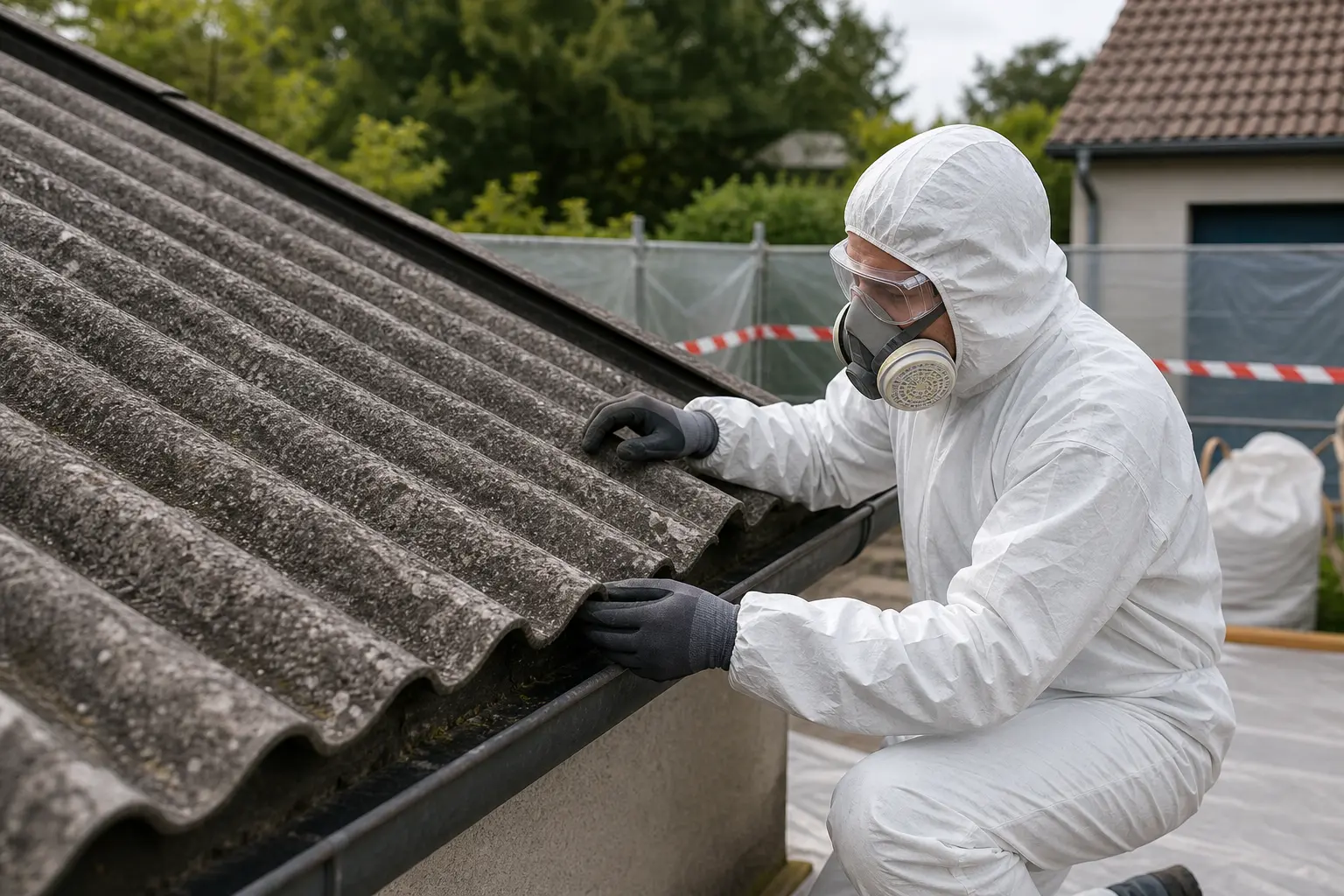 Fachgerechte Prüfung älterer Faserzementplatten mit Schutzkleidung