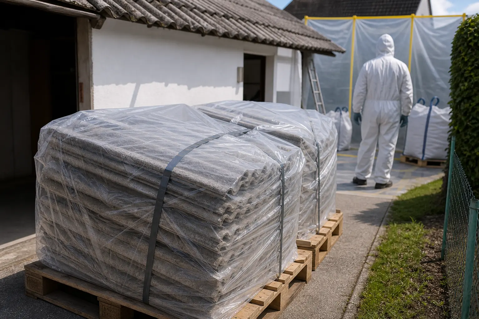 Geschützt verpackte Faserzementplatten auf einer Baustelle