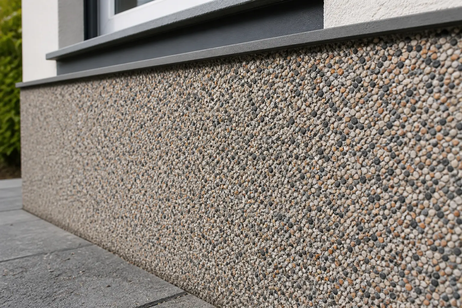 Buntsteinputz-Sockel mit Natursteinkörnung an einer Hausfassade