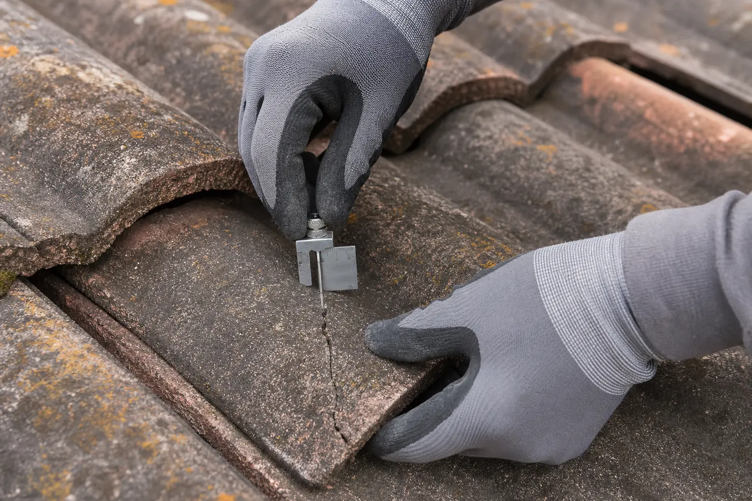 Prüfung eines beschädigten Dachziegels mit einem Messgerät