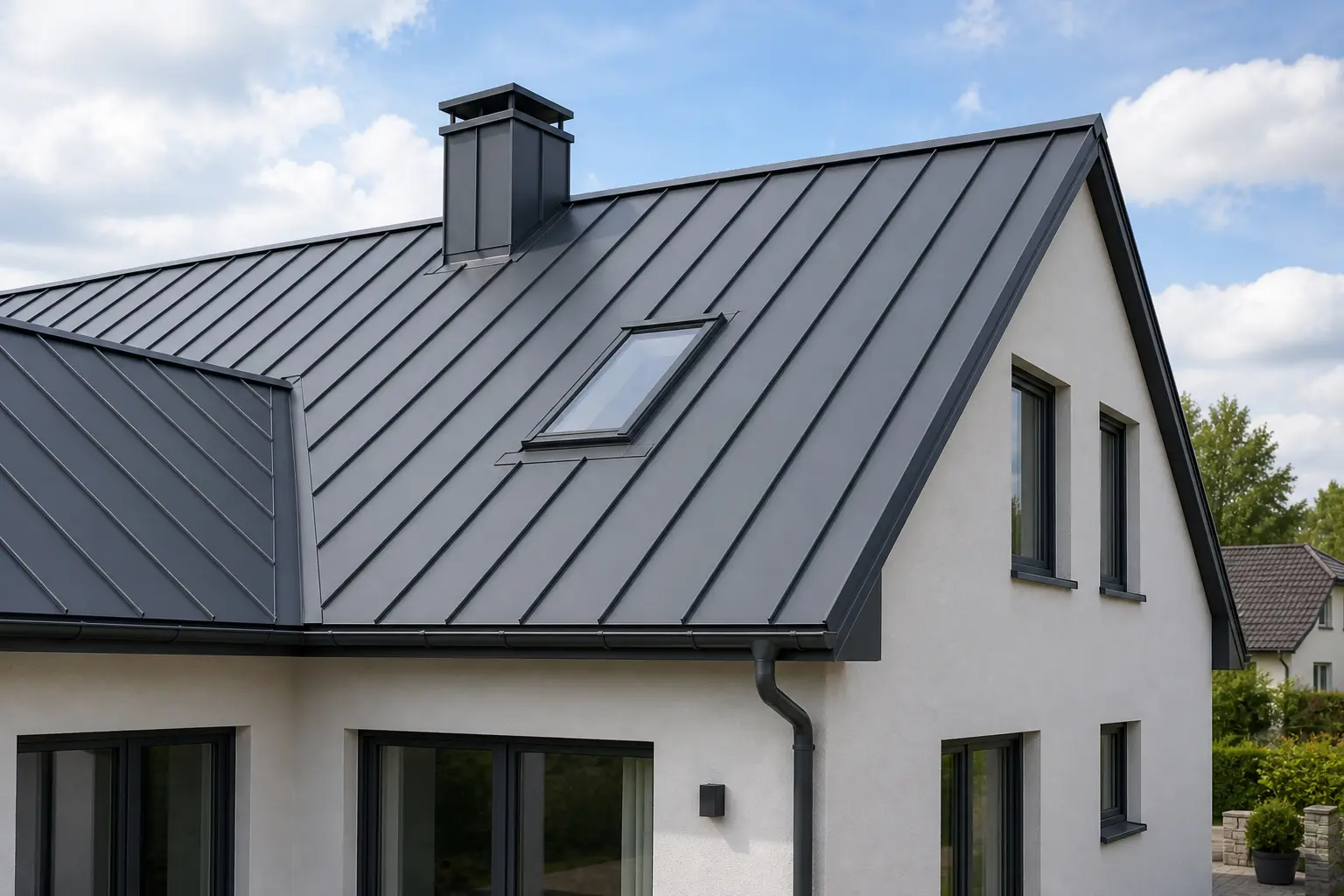 Modernes Blechdach mit Stehfalz, Dachfenster und sauberen Anschlüssen