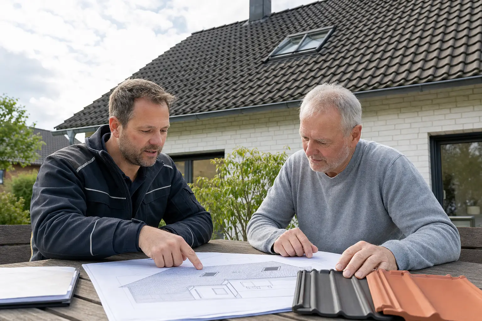 Dachdecker plant die Neueindeckung gemeinsam mit dem Eigentümer