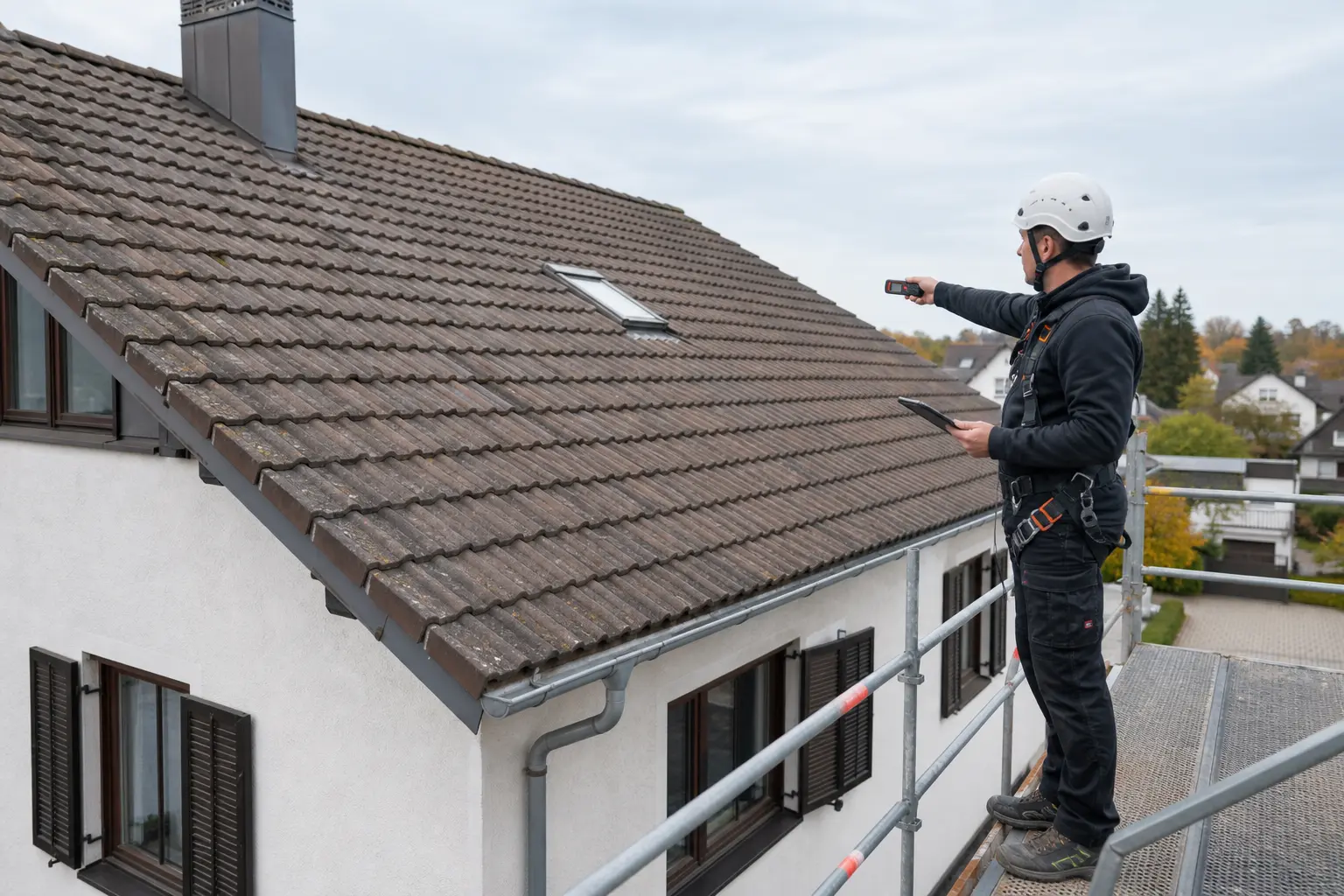 Dachdecker prüft ein Bestandsdach sicher vom Gerüst aus