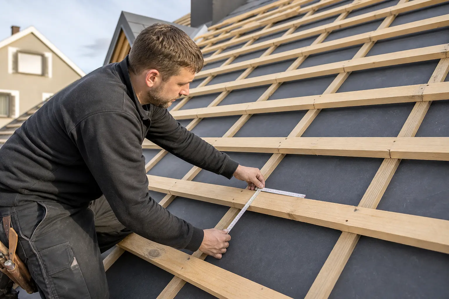 Dachdecker kontrolliert die Abstände der neuen Dachlattung