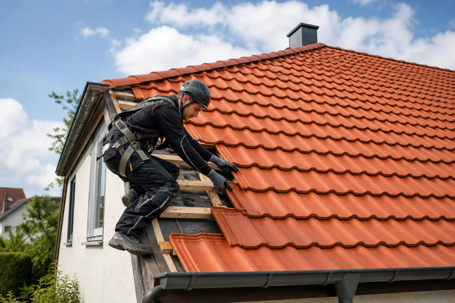 Dachdecker verlegt neue rote Dachziegel fachgerecht auf der Dachfläche