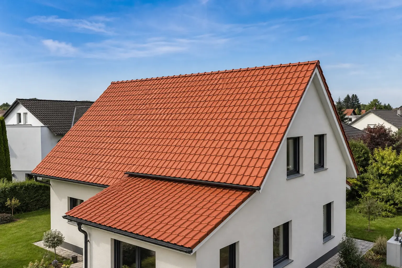 Frisch und vollständig eingedecktes Wohnhausdach mit roten Dachziegeln