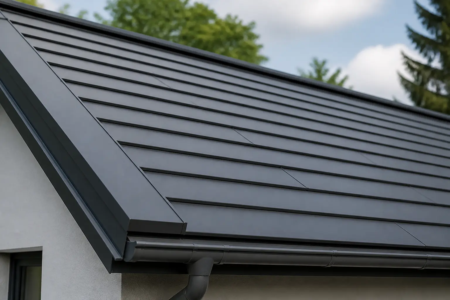 Anthrazitfarbenes Aluminiumdachsystem mit sauberem Trauf- und Rinnendetail