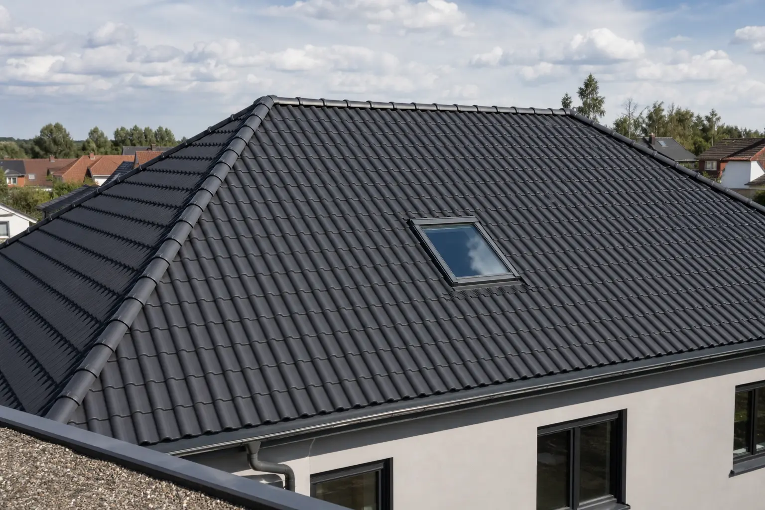 Frisch eingedeckte Dachfläche mit Dachfenster