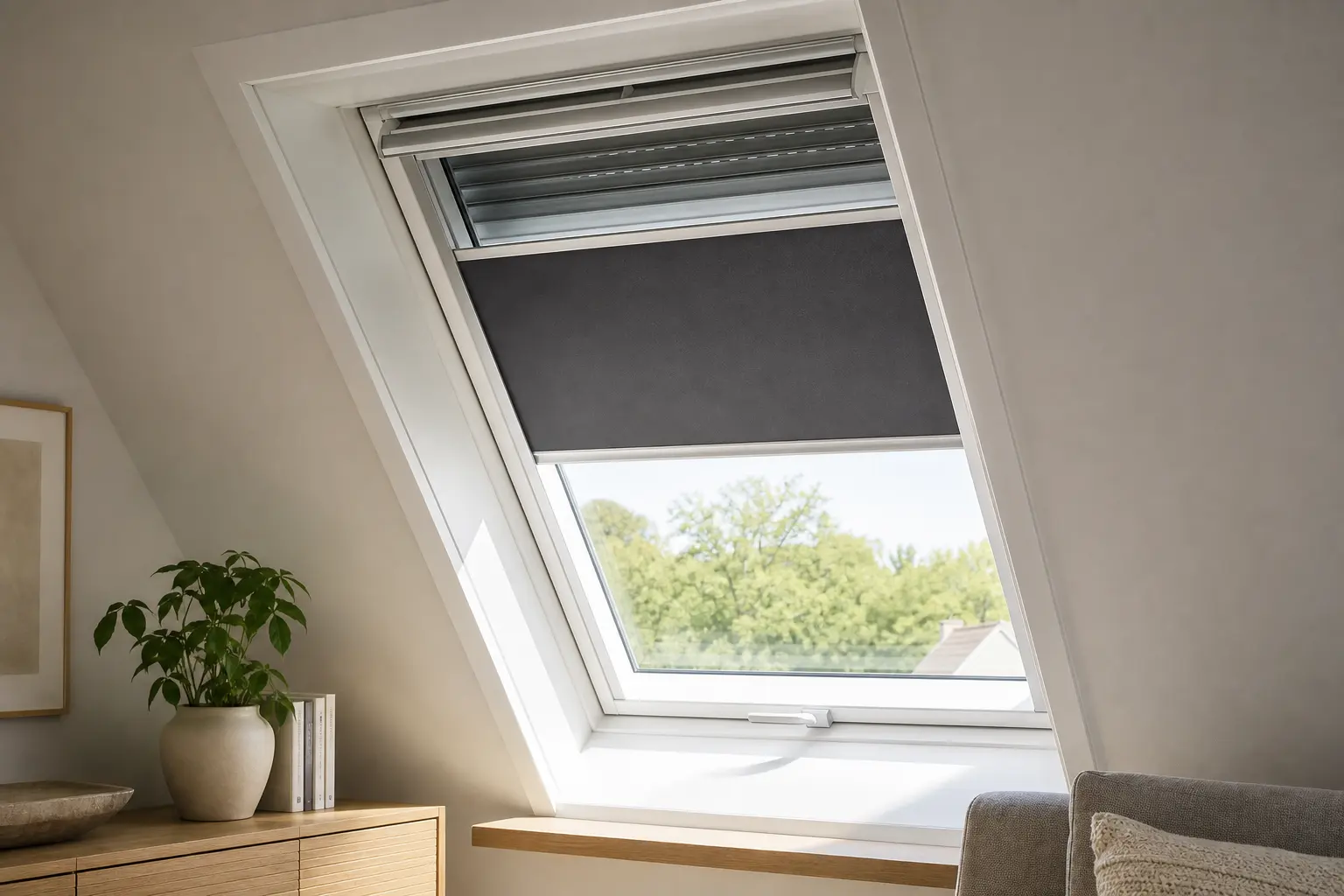 Dachfenster mit Sonnenschutzrollo und Rollladen-Zubehör im Dachgeschoss