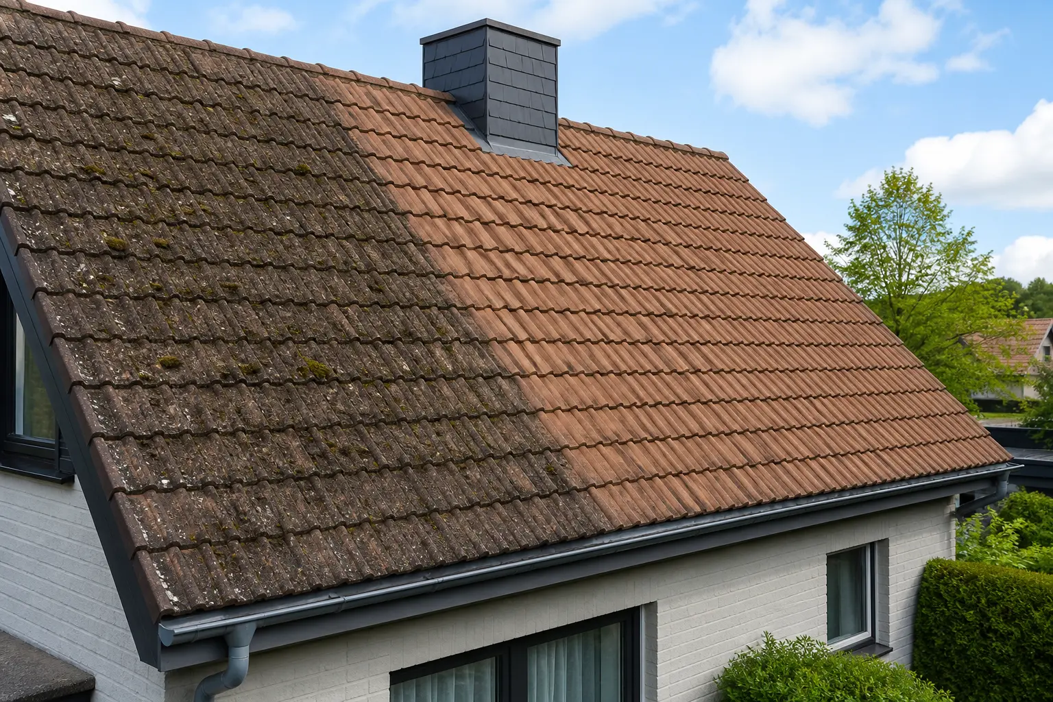 Gereinigte Dachfläche mit sichtbarer gepflegter Ziegelstruktur