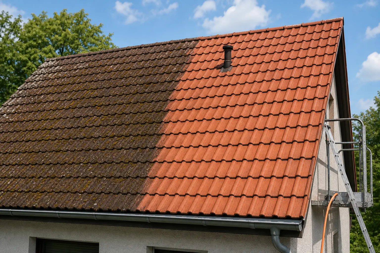Dachreinigung mit sichtbarem Unterschied zwischen gepflegter und verschmutzter Ziegelfläche