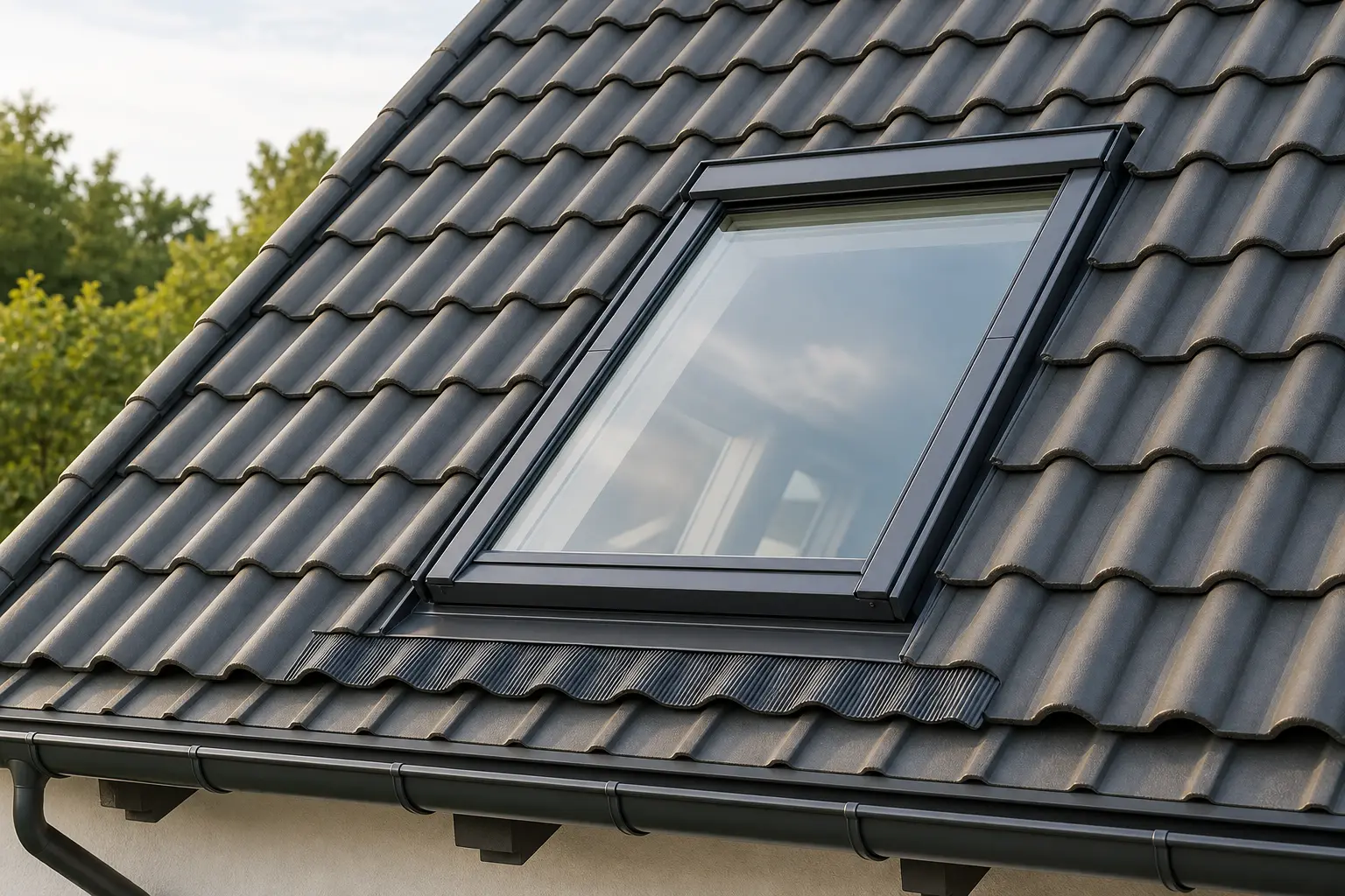 VELUX Dachfenster mit sauberem Eindeckrahmen im dunklen Ziegeldach