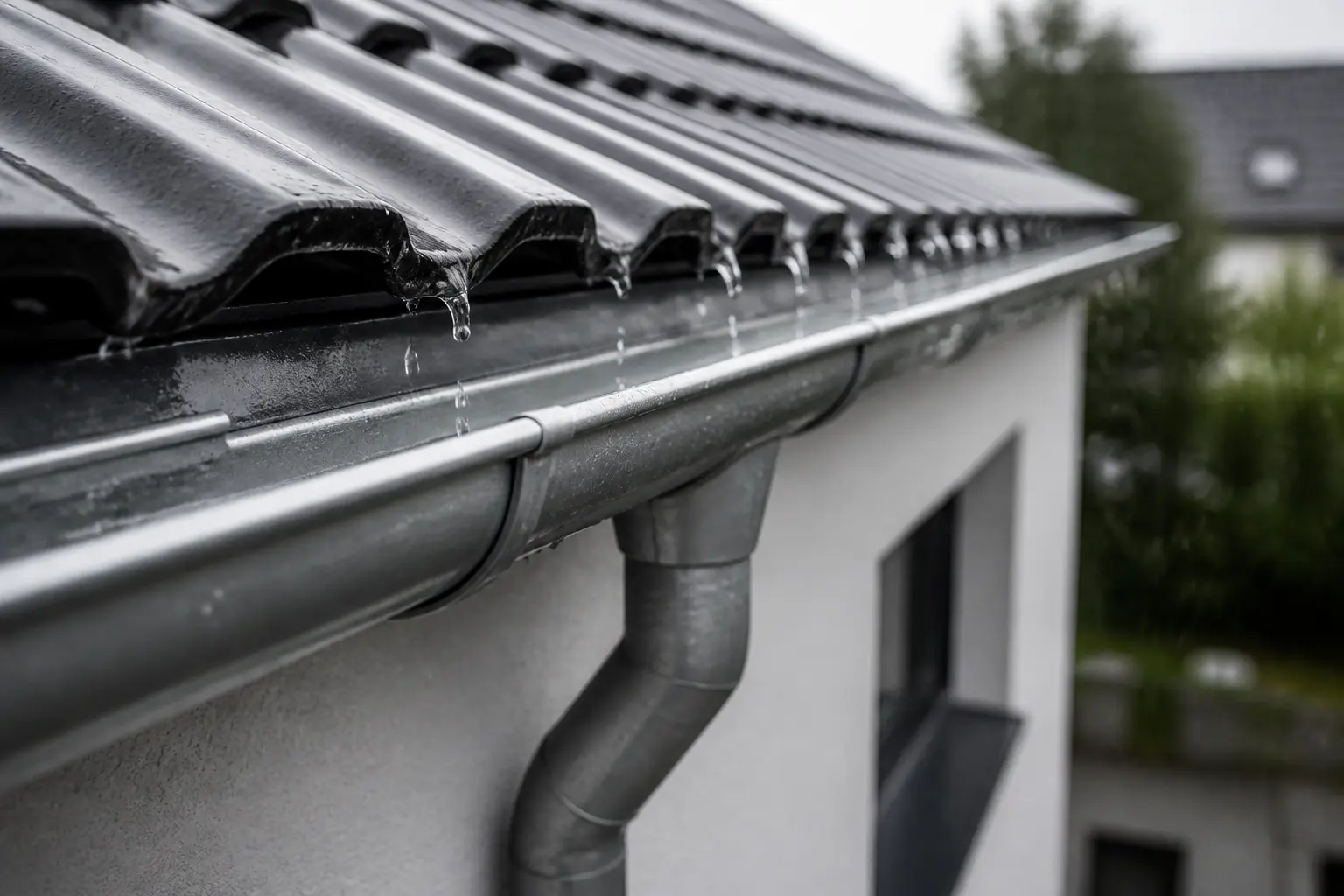 Regenwasser läuft sauber in eine Dachrinne