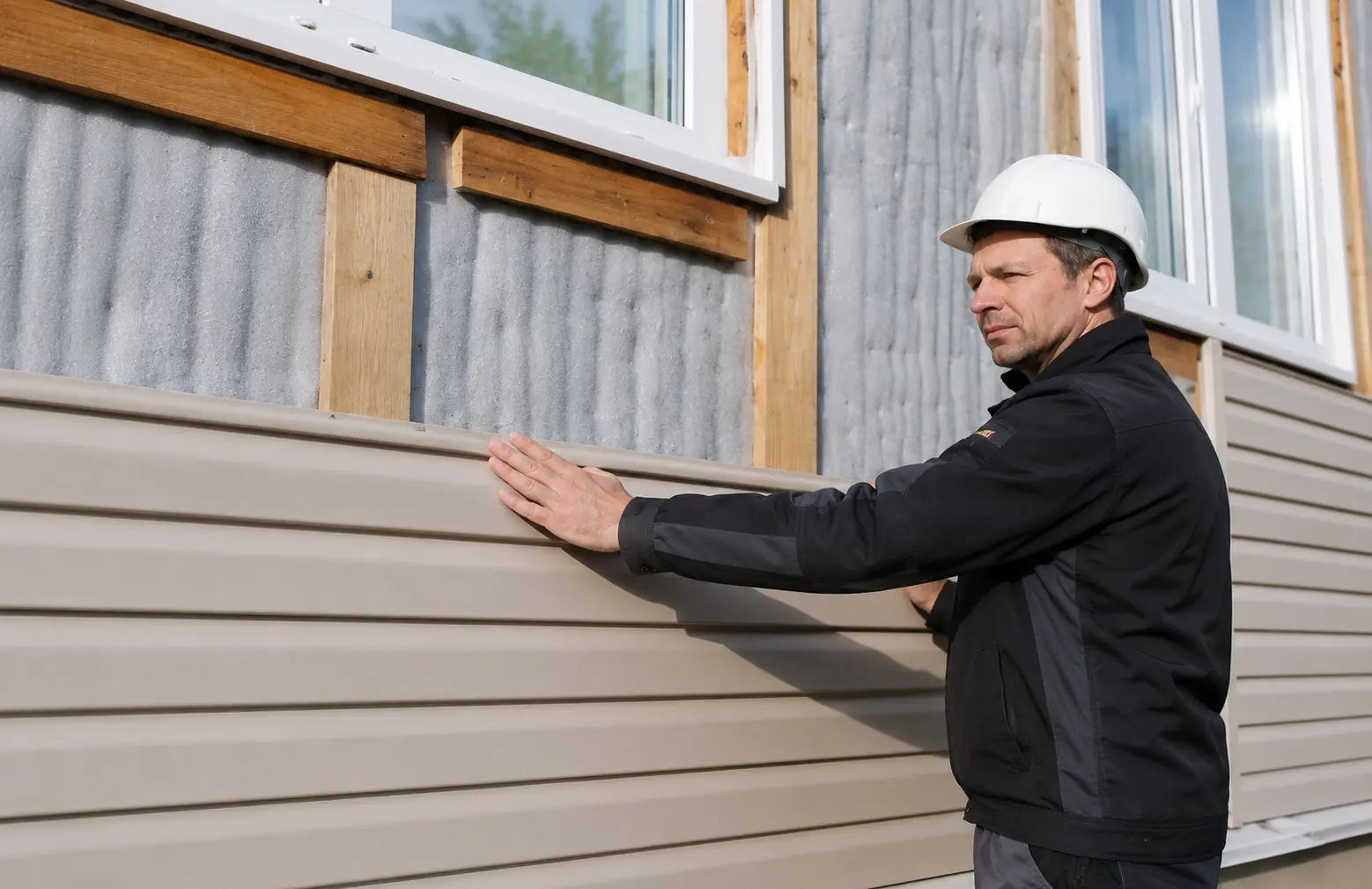 Handwerker prüft eine Fassadenverkleidung