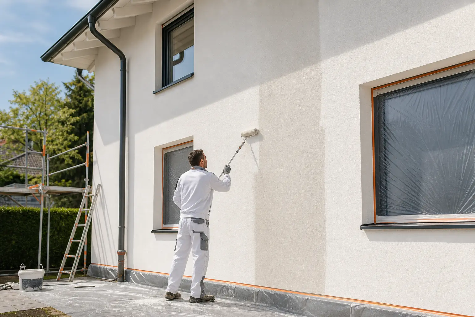 Fassadenbeschichtung an einer verputzten Hausfassade