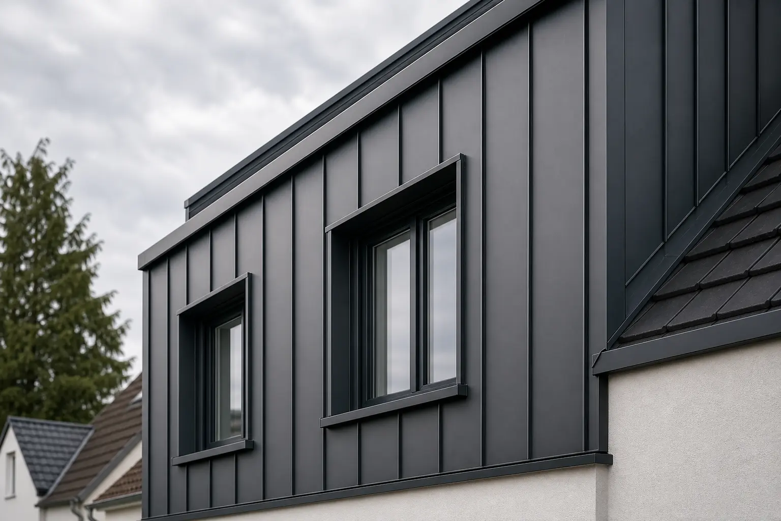 Moderne Fassadenverkleidung aus dunklem Aluminiumblech