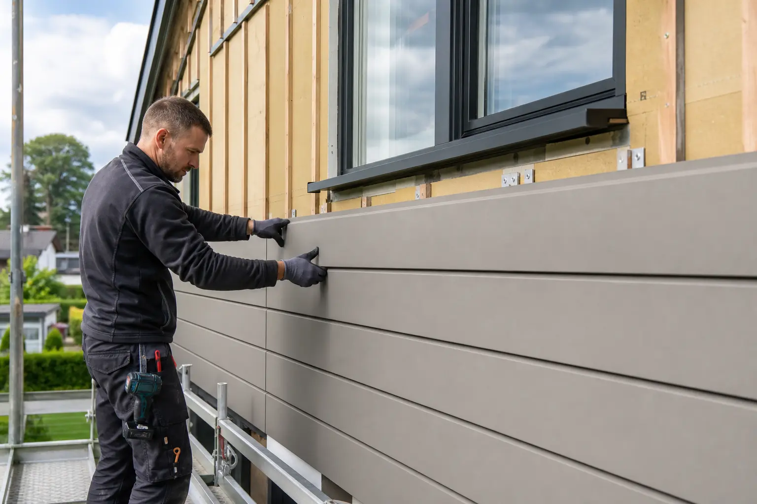 Fachmann montiert horizontale Aluminium-Sidings an einer Fassade