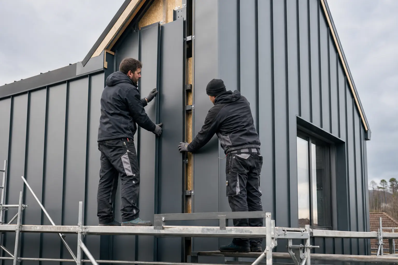 Fachleute montieren eine Stehfalz-Fassadenverkleidung aus Aluminium