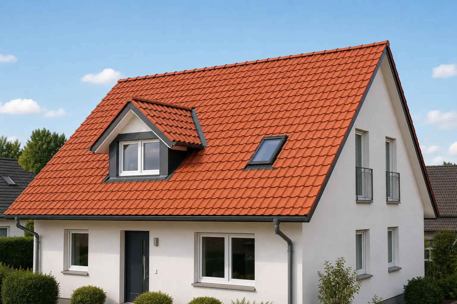 Frisch gedecktes Wohnhausdach mit roten Dachziegeln