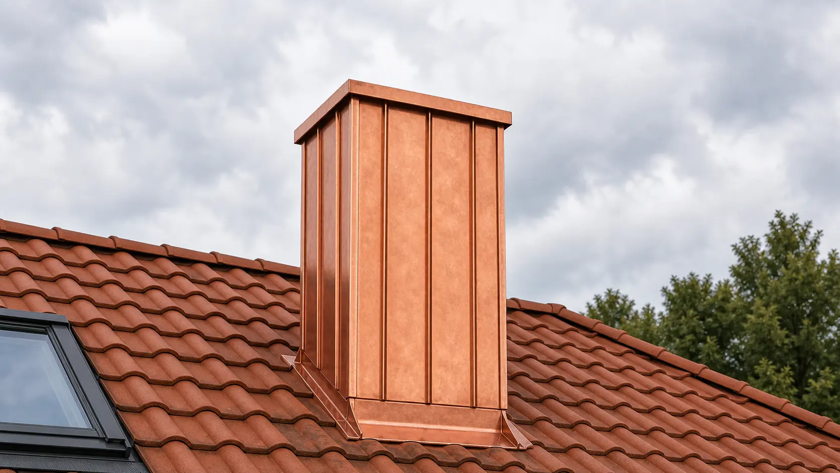 Komplett sichtbare Kupferverkleidung an einem Kamin mit sauber ausgerichteten Blechbahnen