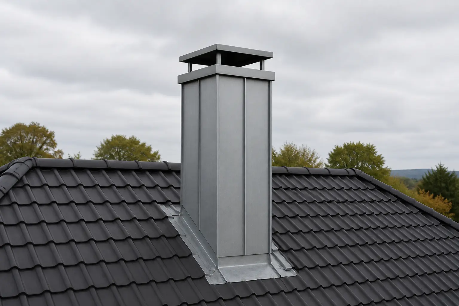 Vollständig mit Zinkblech verkleideter Kamin auf einem dunklen Ziegeldach