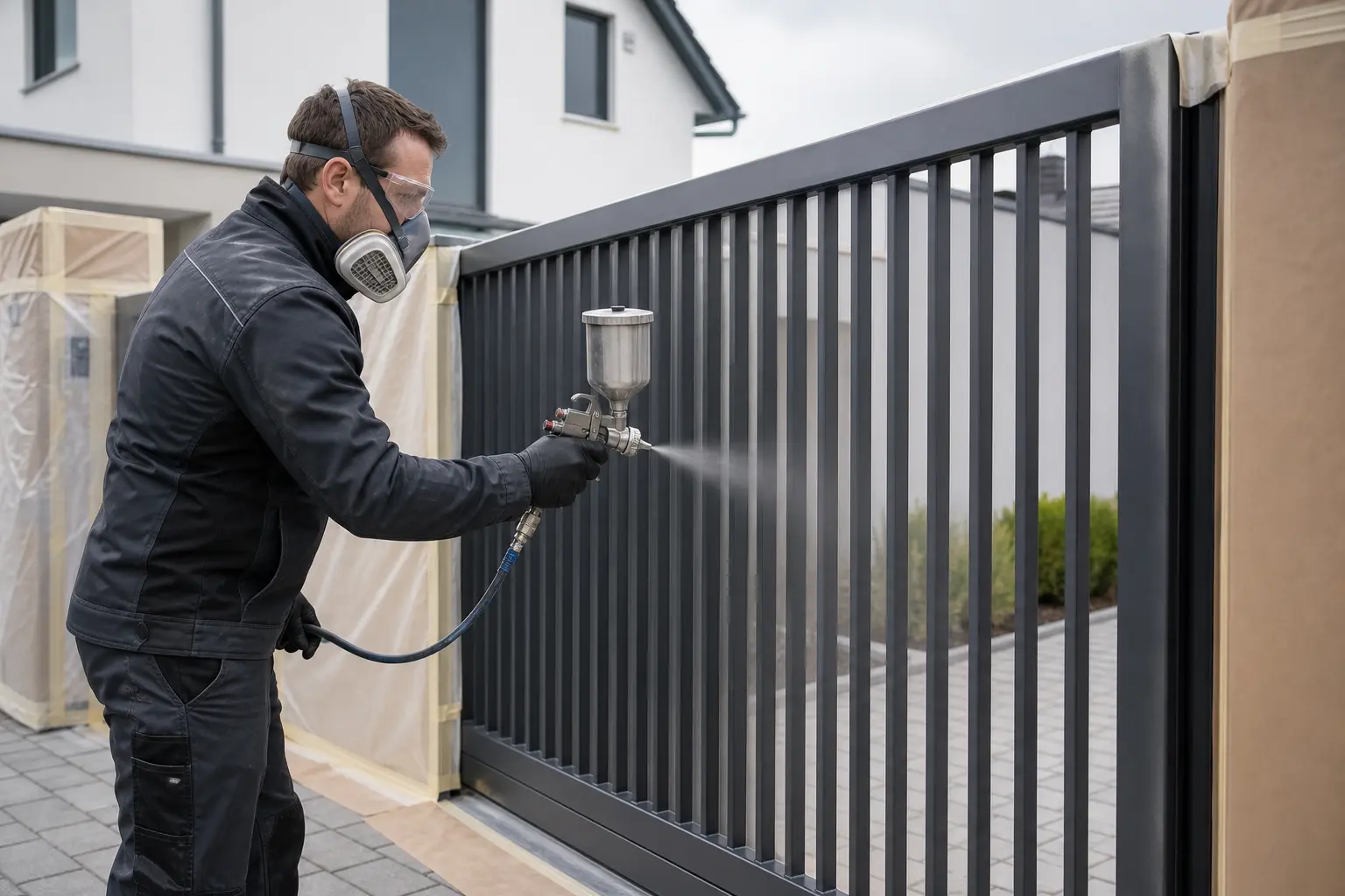 Metalltor wird professionell mit einer Spritzpistole anthrazit lackiert