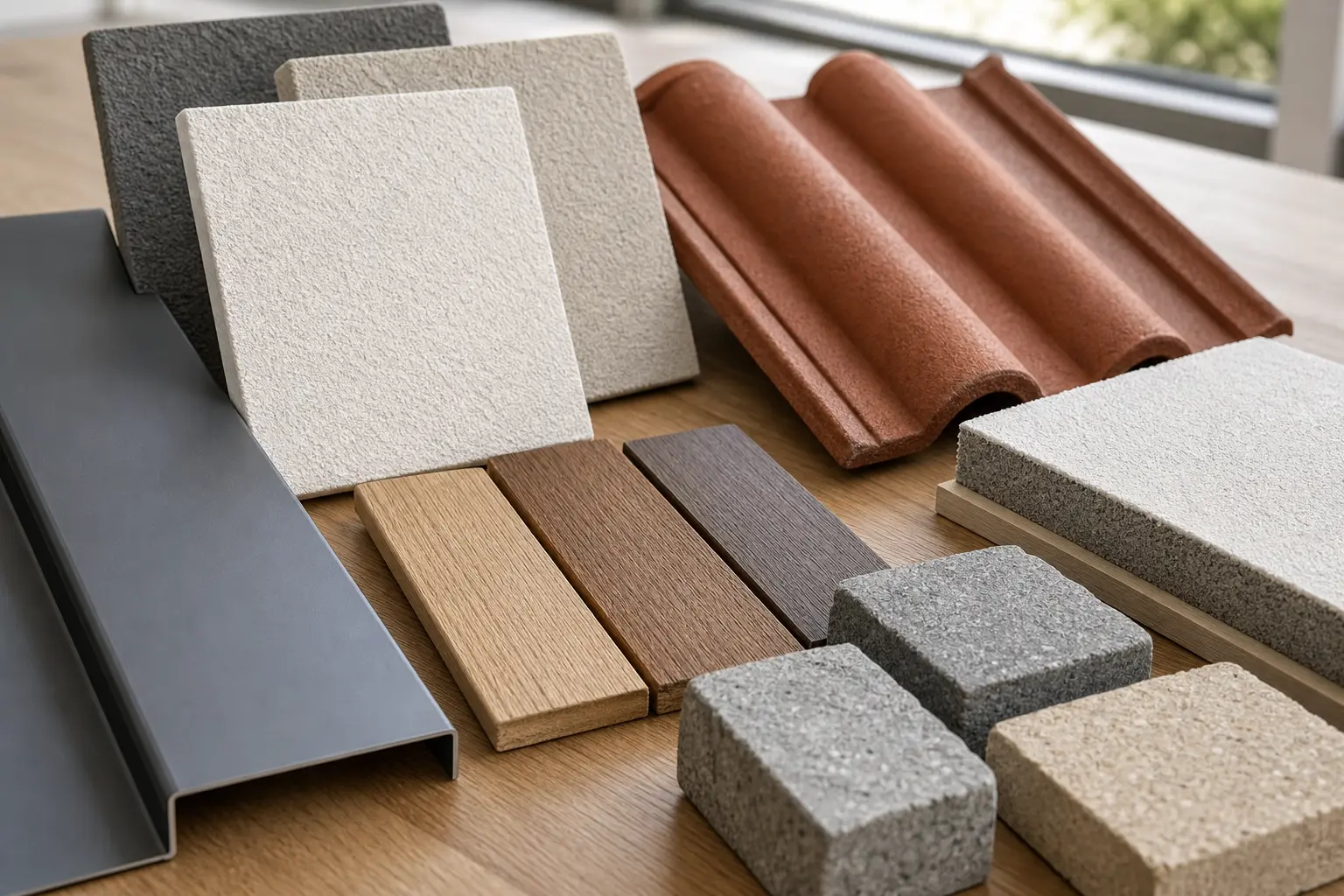 Materialmuster für Dach, Fassade, Holzschutz und Außenflächen