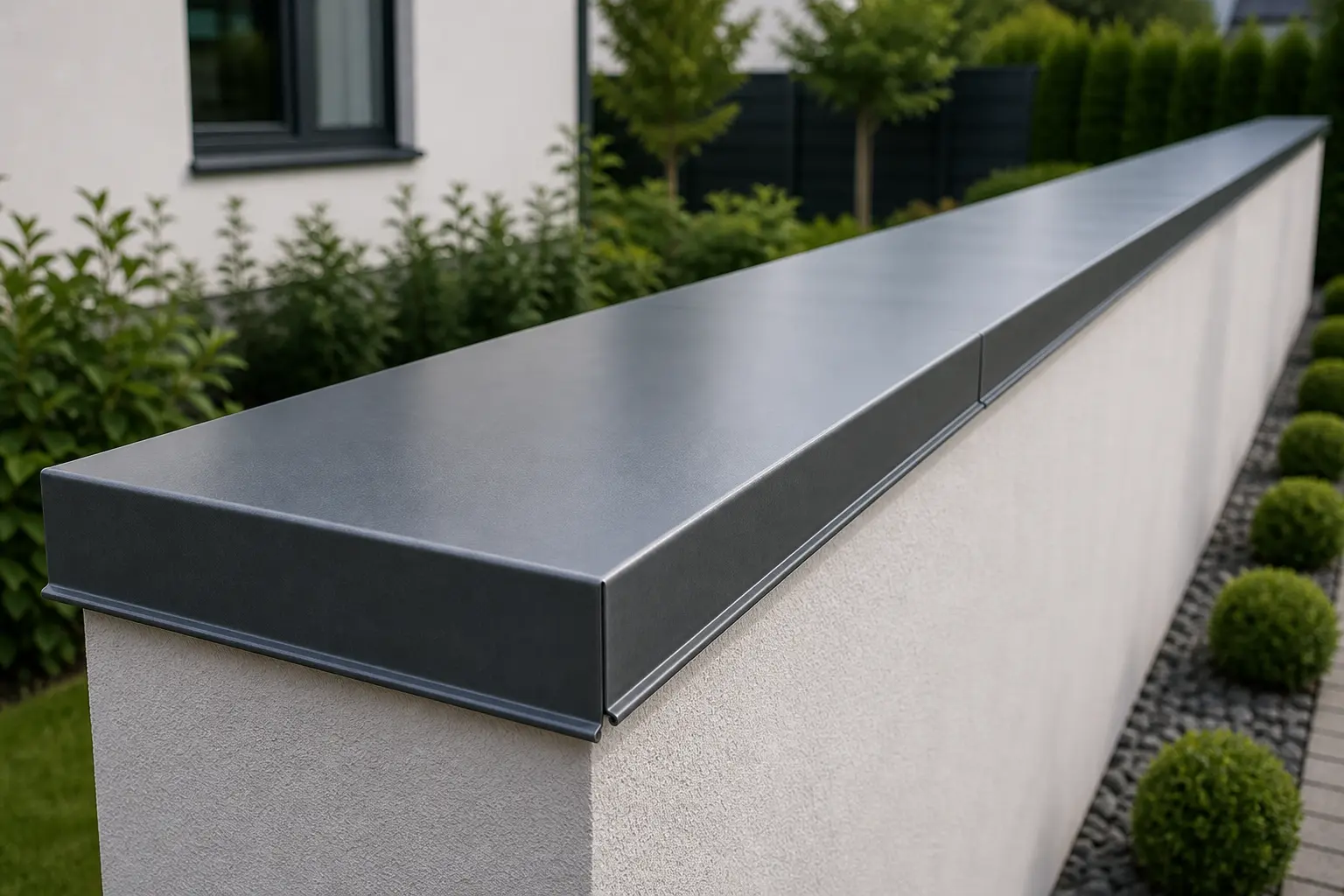 Neue Metallabdeckung auf einer Mauerkrone mit sauberer Tropfkante