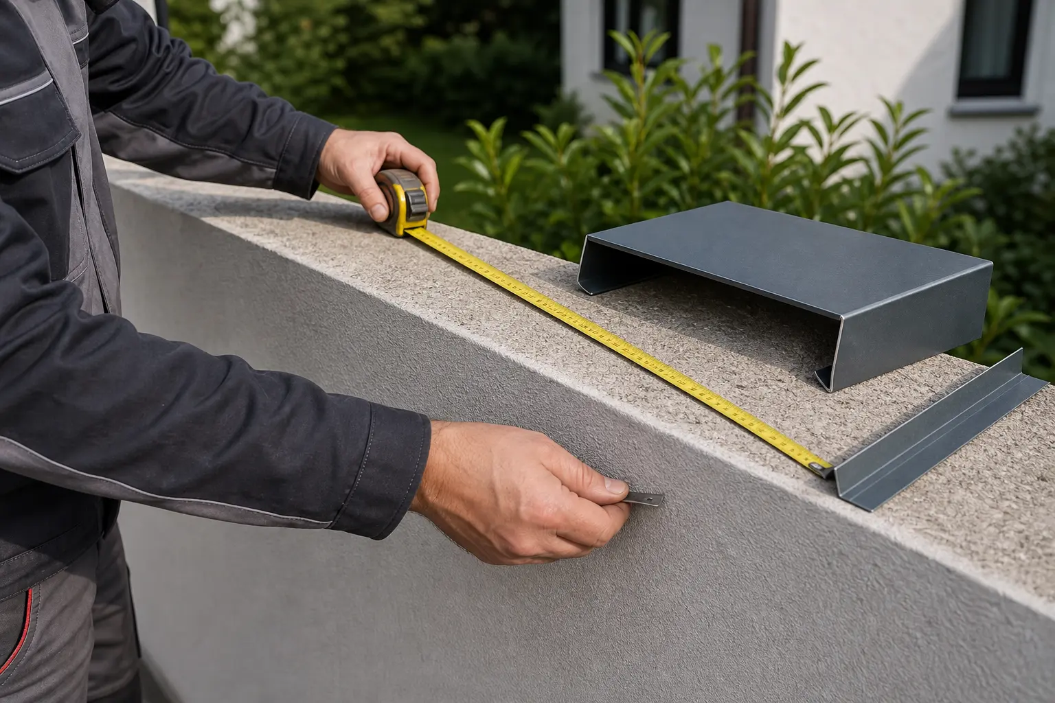 Mauerkrone wird für eine Metallabdeckung gemessen und vorbereitet