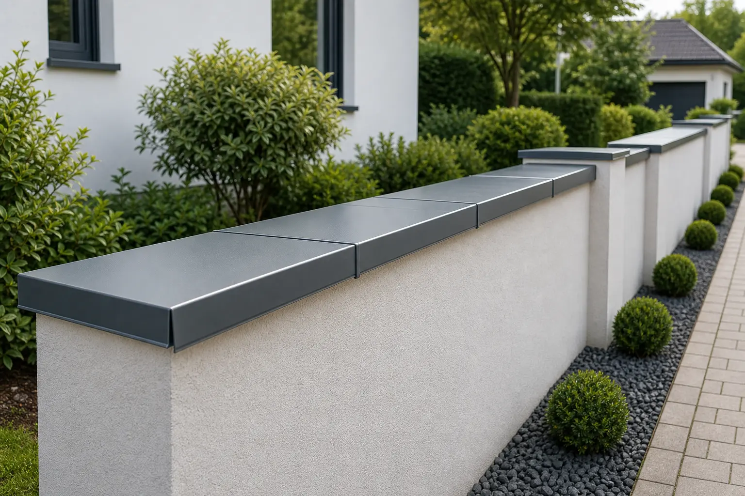 Lange Gartenmauer mit durchgehender Metallabdeckung