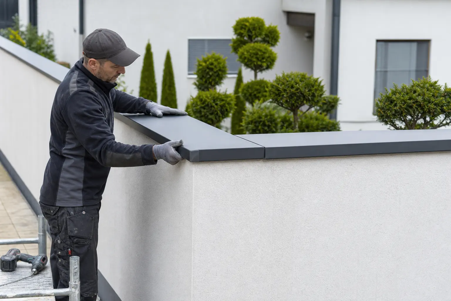 Neue Metallabdeckung auf einer verputzten Mauer