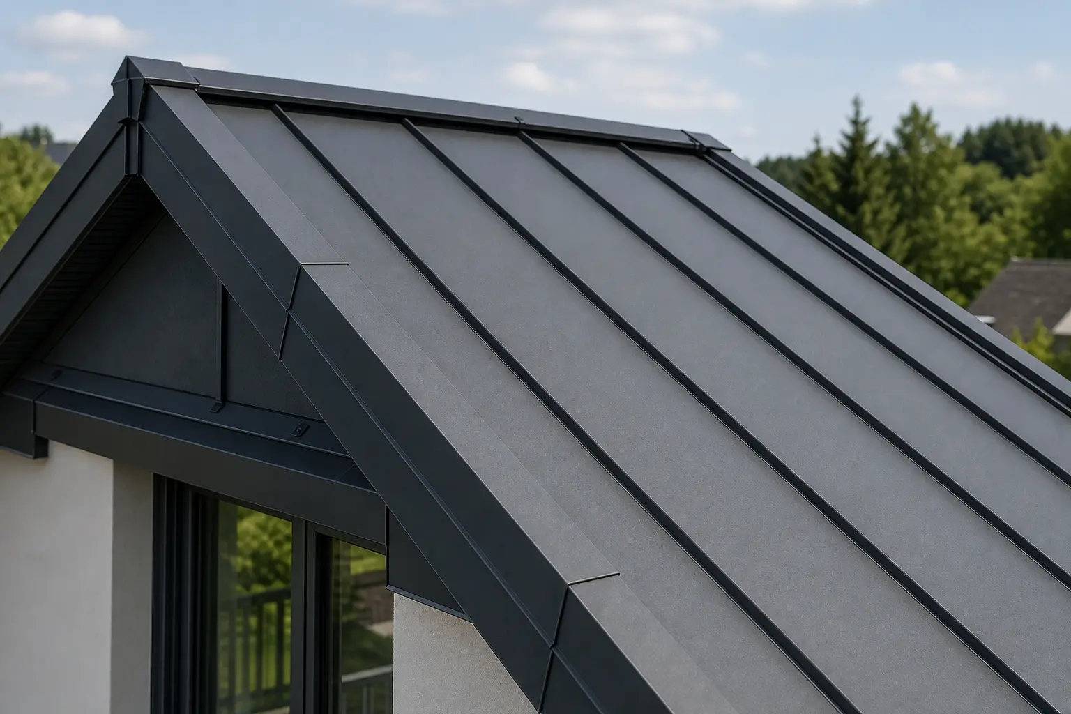 PREFA Metalldachdetail mit sauberem First- und Ortganganschluss